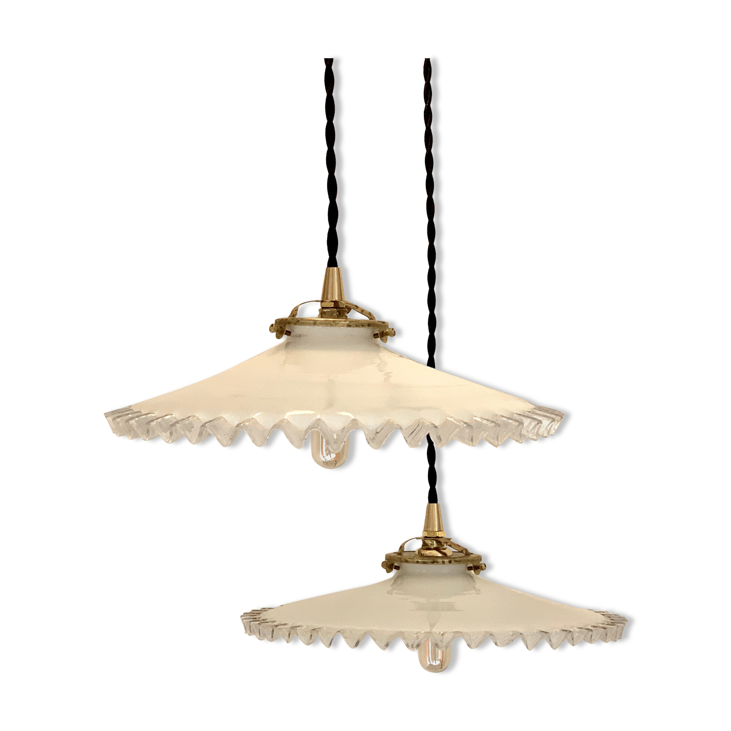 Pair of serrated opaline bistro pendant lamps