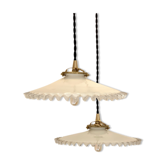 Pair of serrated opaline bistro pendant lamps