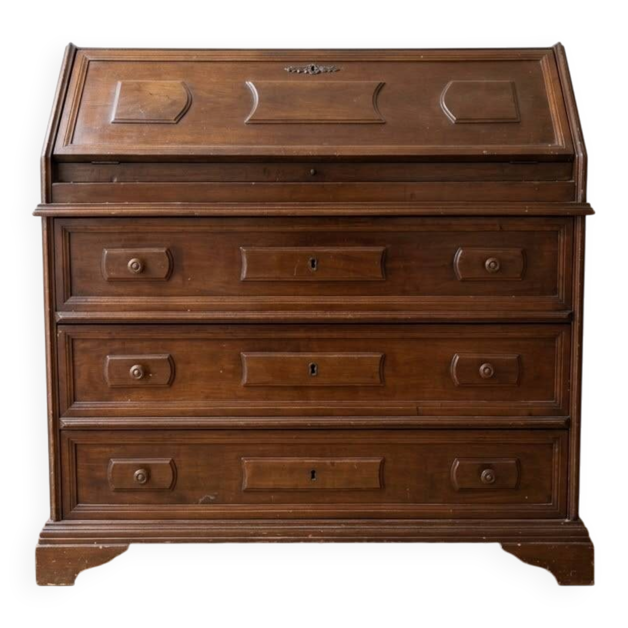 Antique wooden secretary with a drop-down front and drawers.