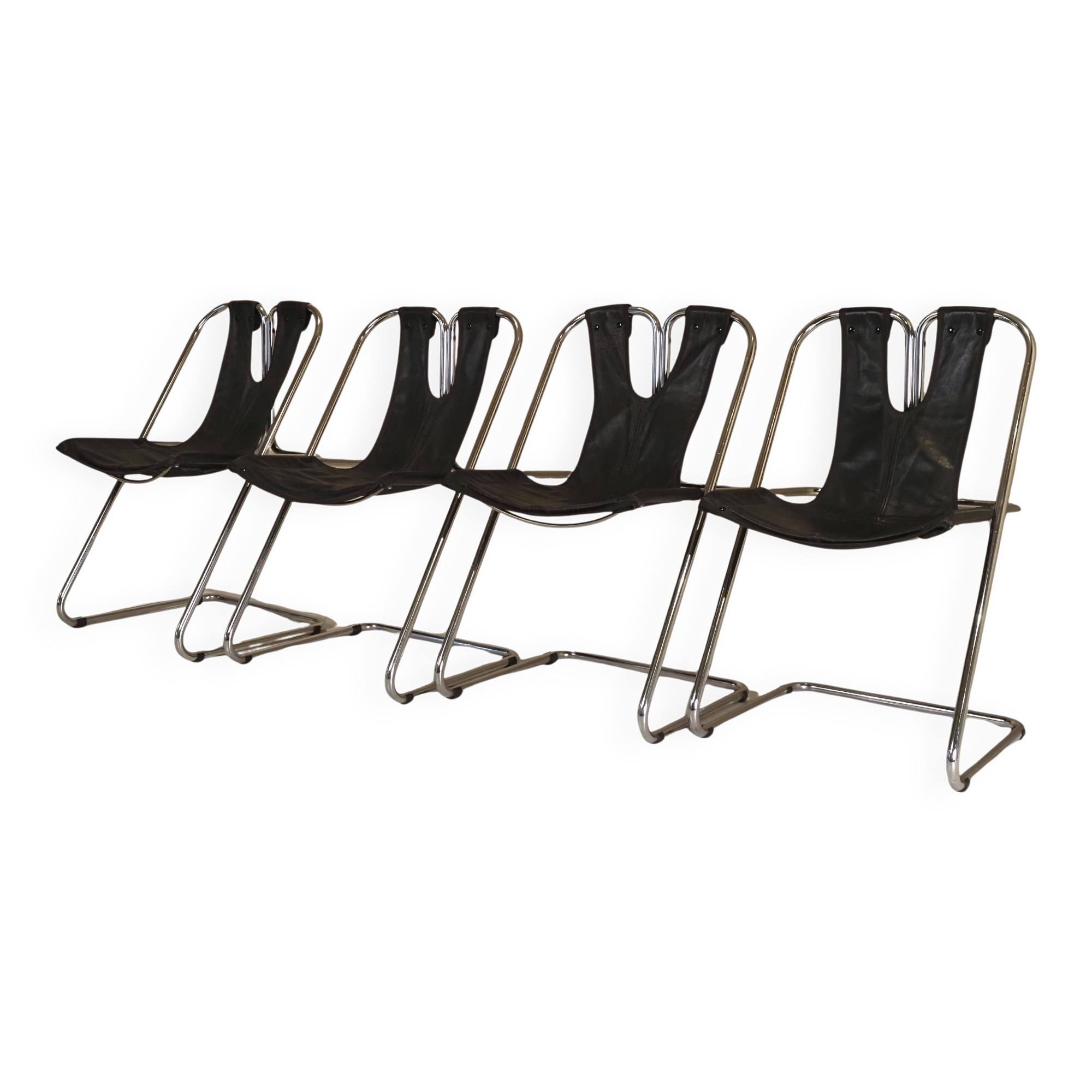 Set of 4 leather and chrome chairs from the 1960s