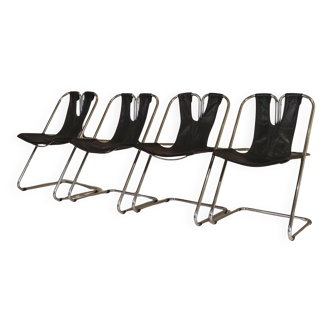 Set of 4 leather and chrome chairs from the 1960s