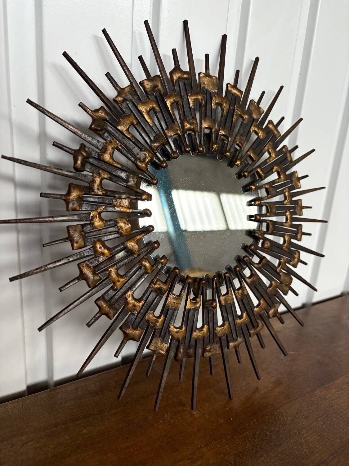 Brutalist round wrought iron mirror from the 60s/70s