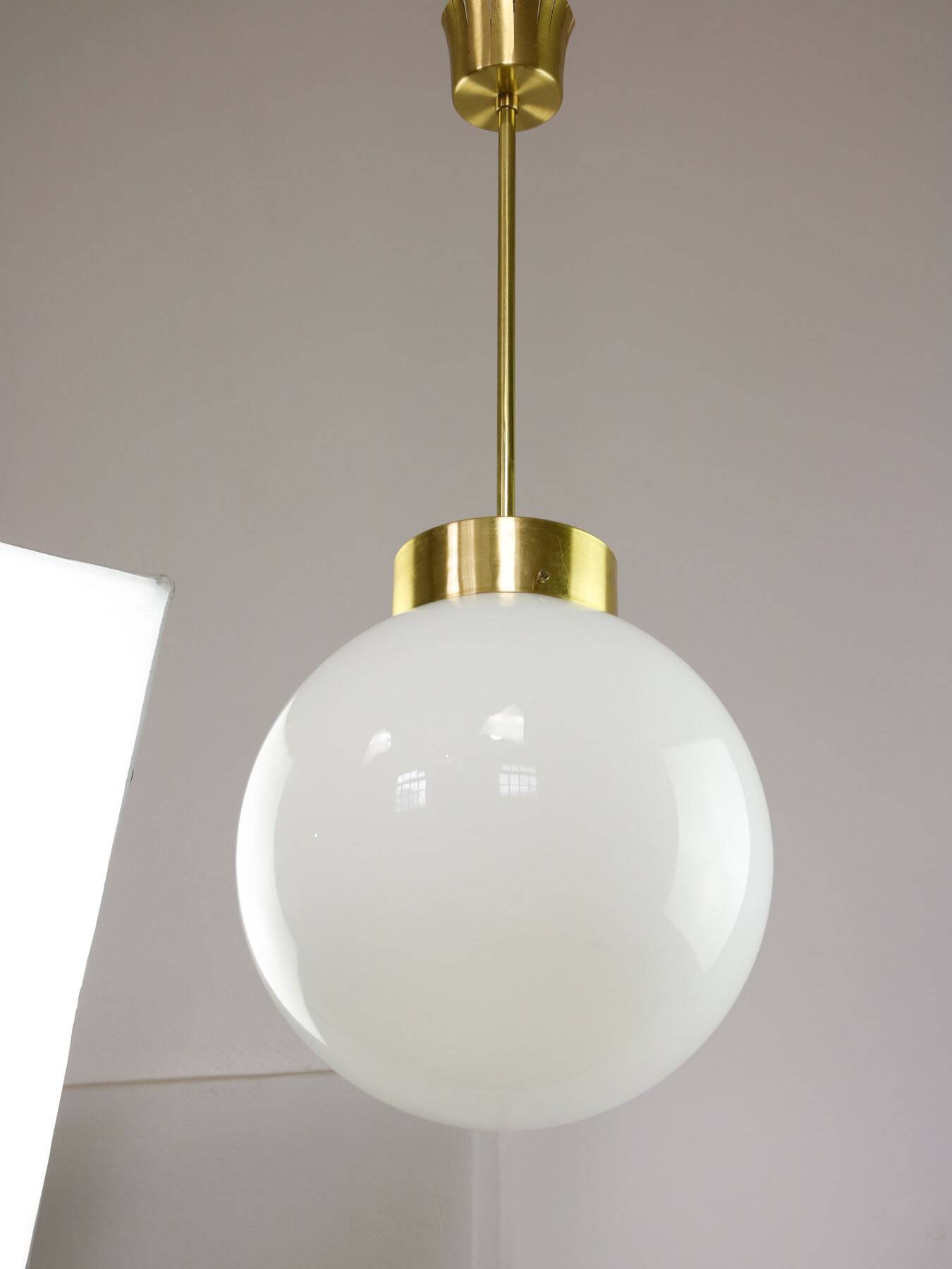 Big Mid-Century Italian Opaline & Brass Globe Pendant Lamp