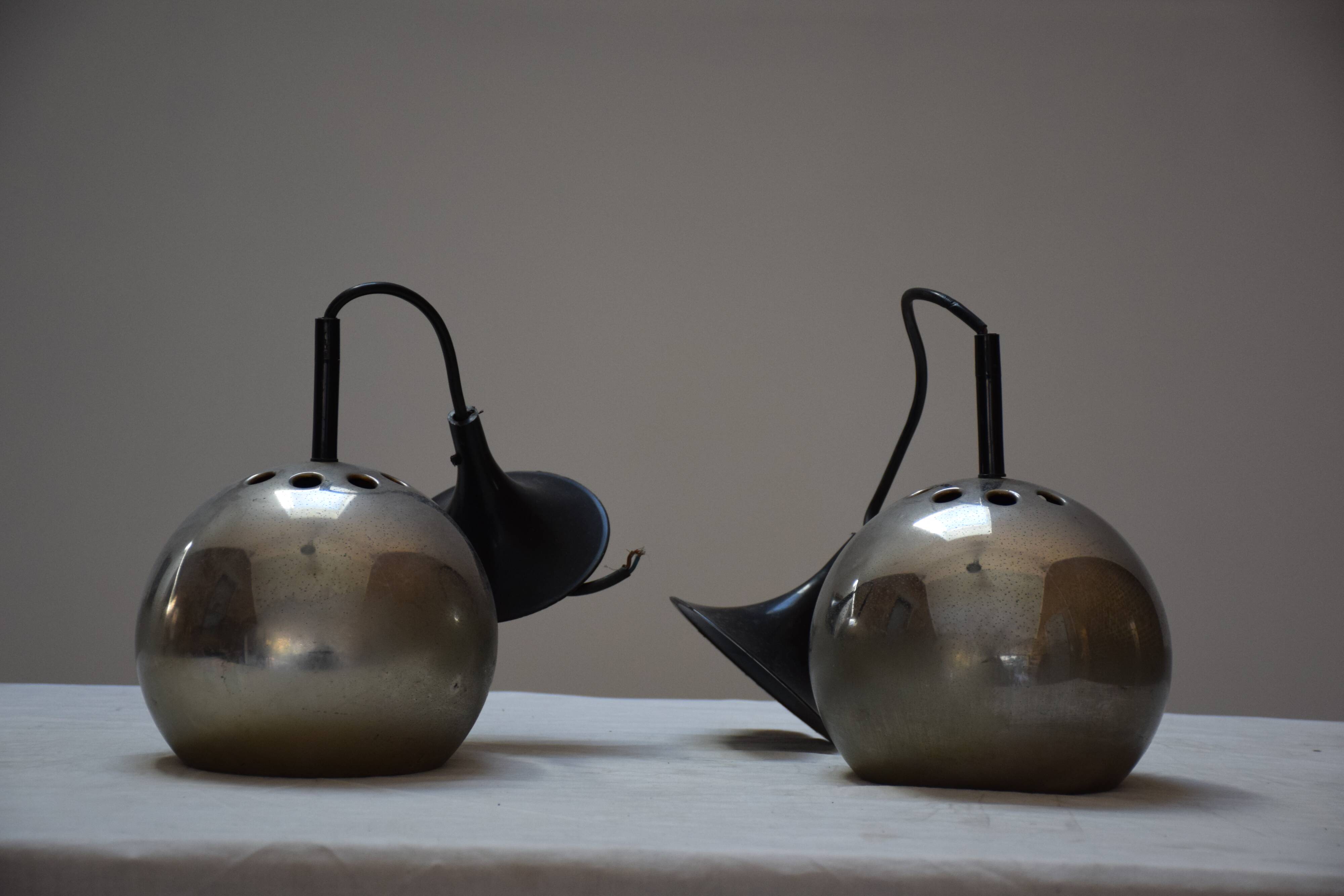 Pair chrome balls hanging lamps