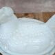 Hen on white opaline glass basket – marked Sv