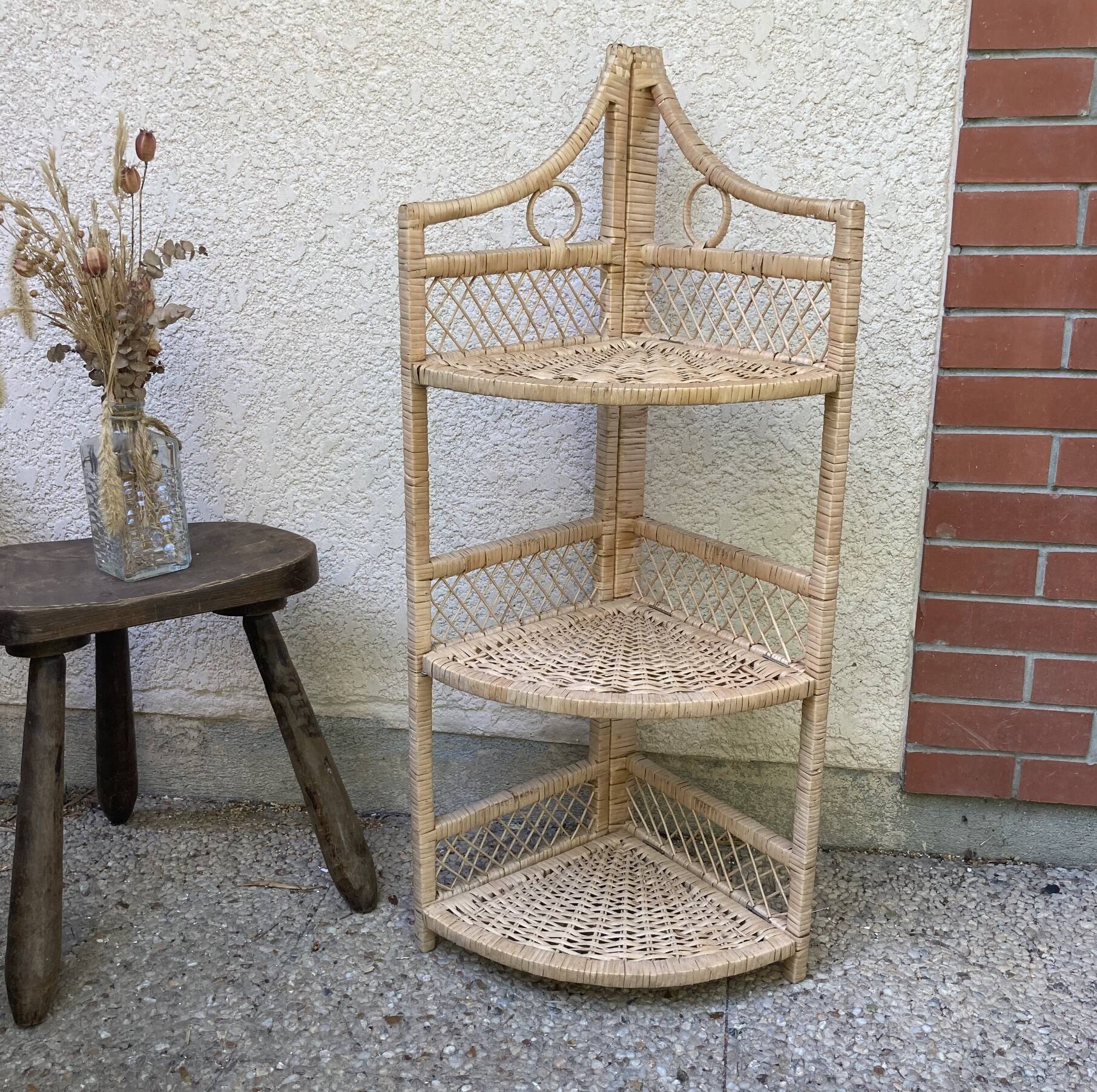 Vintage rattan corner shelf