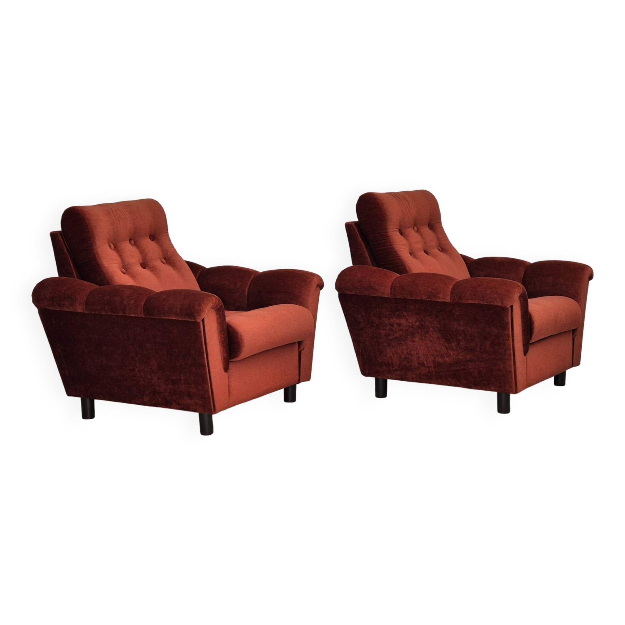 Années 1980, fauteuil relax danois meuble en velours marron/rouge.