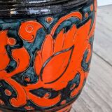 Sgraffito Scraffito enameled ceramic vase in green and orange colors - Year 1950