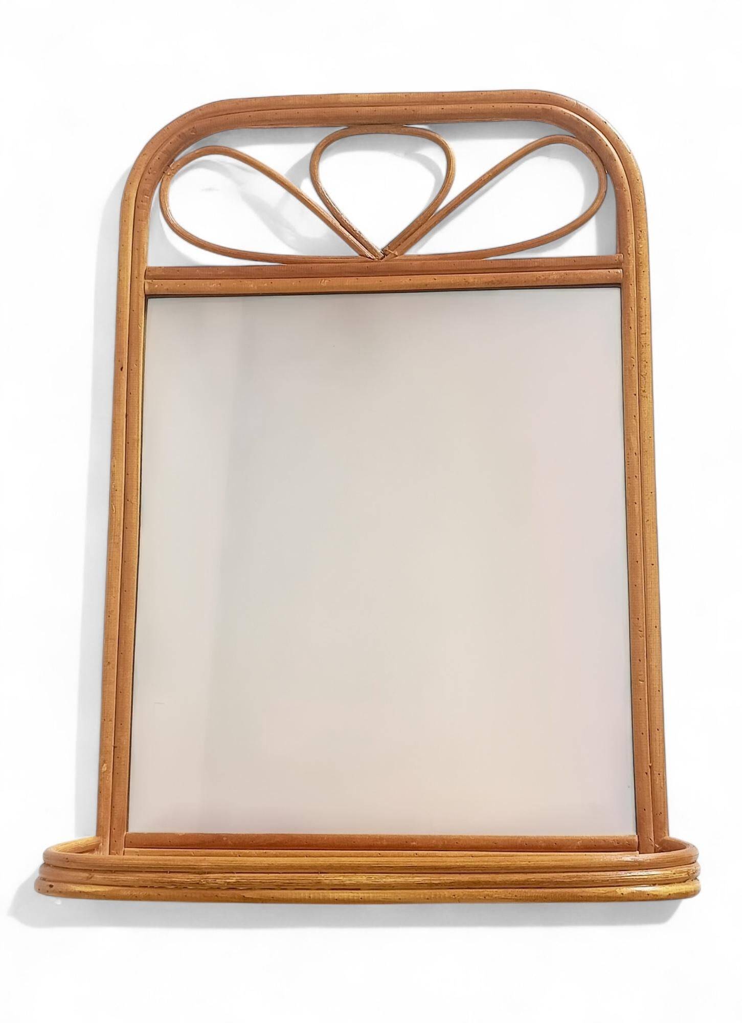 Mid Century French Riviera Rattan and Wicker Mirror With Shelf, Spain, 1960s–70s