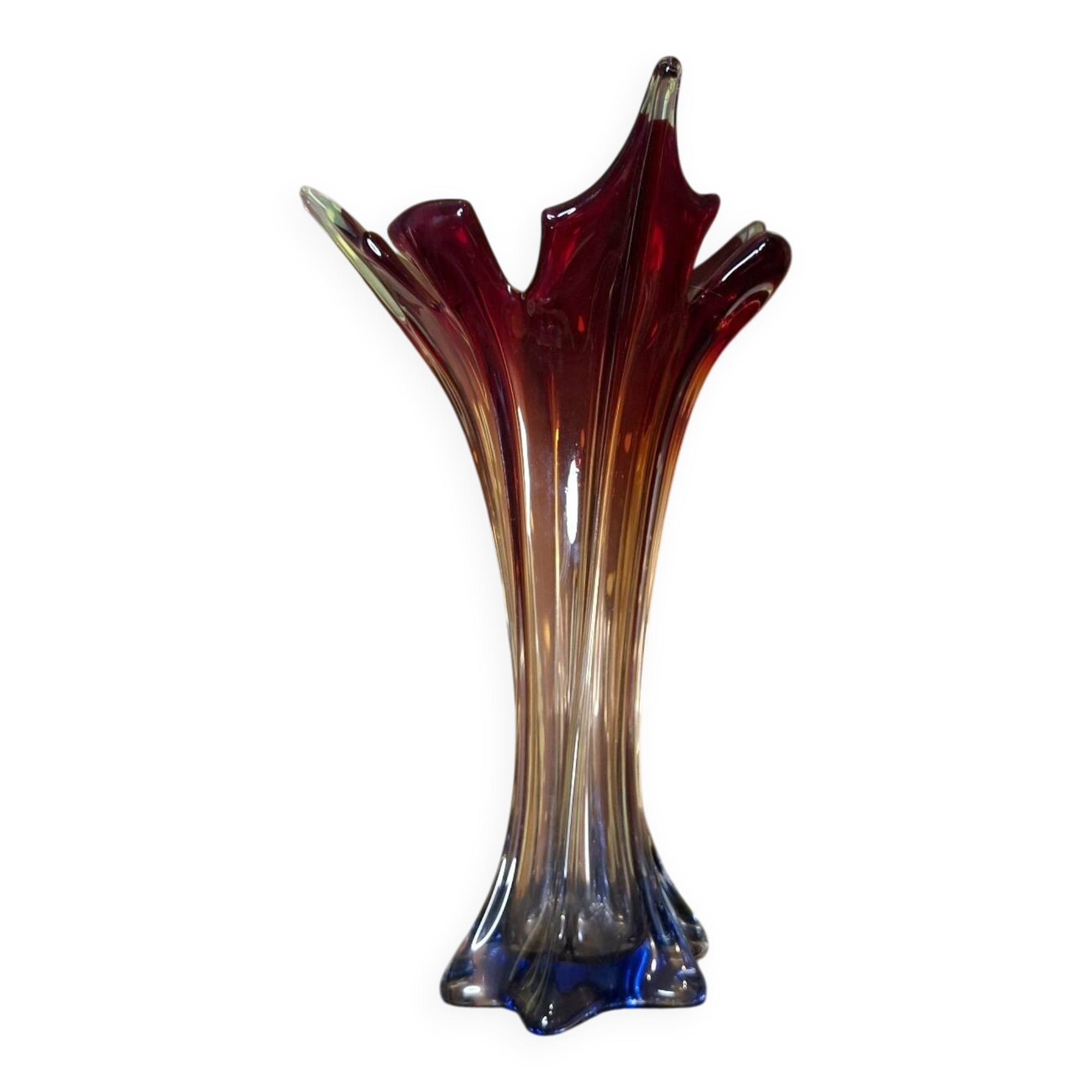 Murano glass vase, blown, gradient red, original antique label.