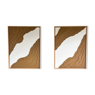 Brown and white relief diptych panels