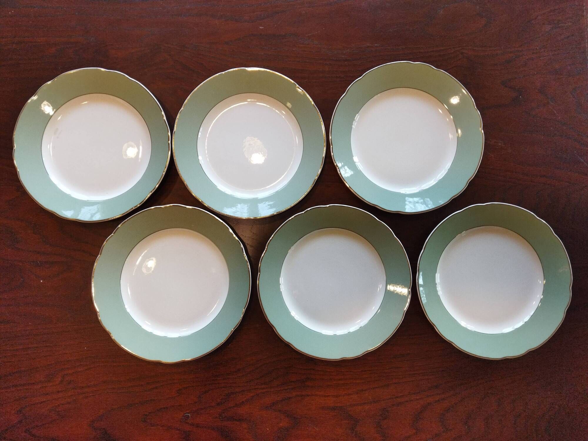 12 flat plates Villeroy & Boch Mettlach celadon green and vintage gold 1960s