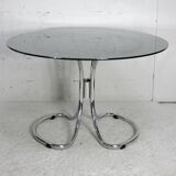 Table style Gastone Rinaldi, Italy, circa 1970. Chromed steel and smoked glass slab.
