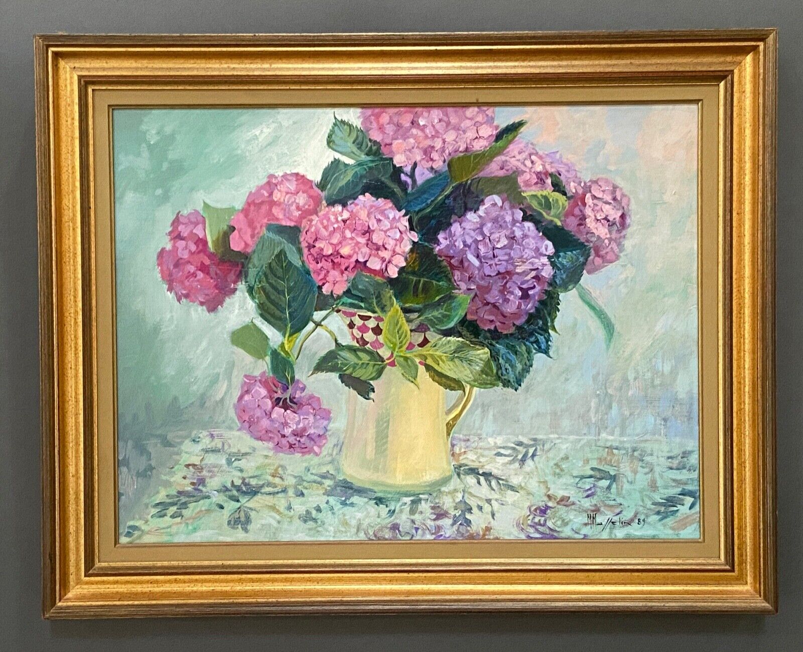 Huile sur toile par maurice masselin bouquet de fleurs d'hortensias 1989