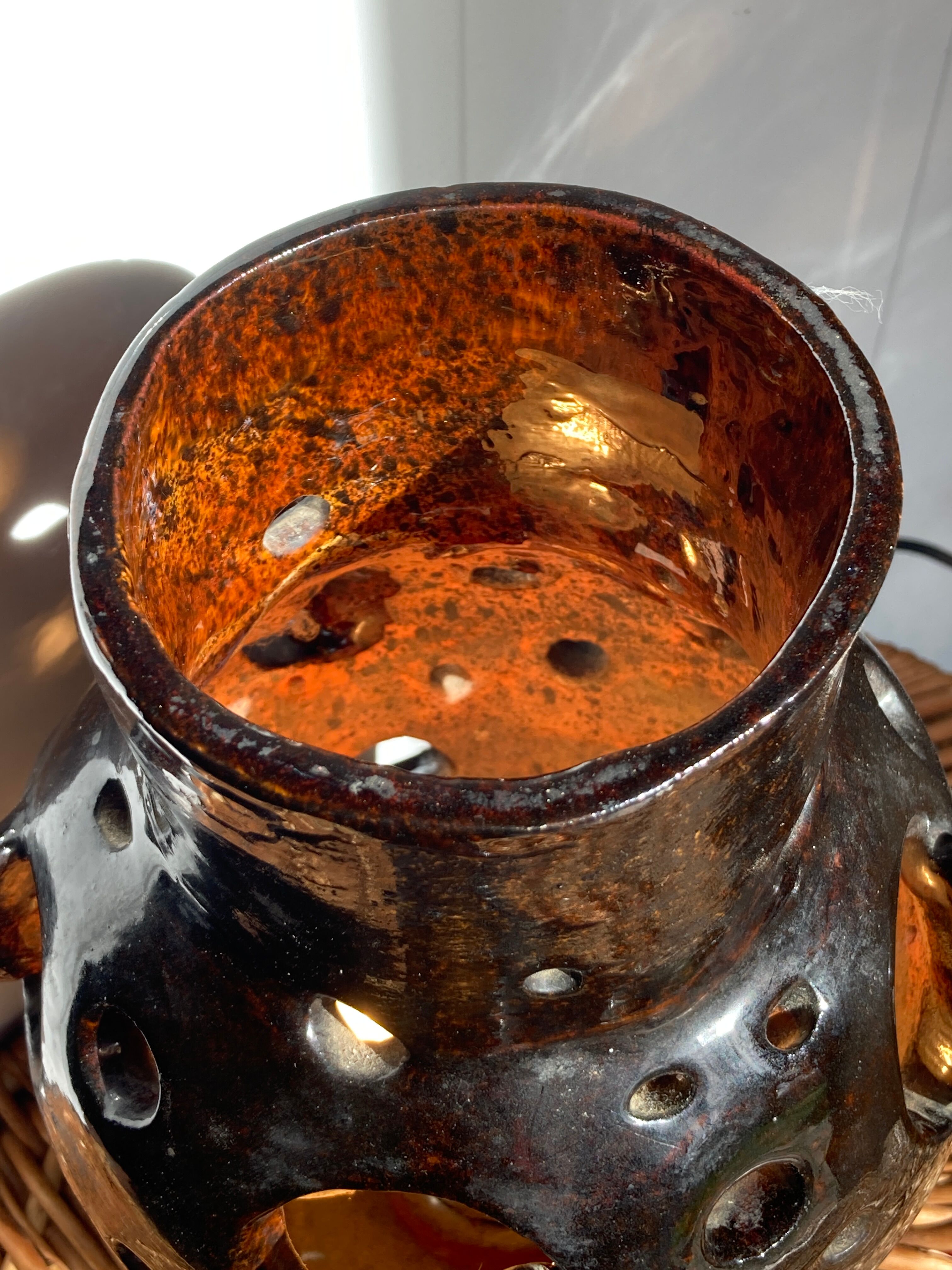 Brutalist lamp in black / brown ceramic openwork 1970