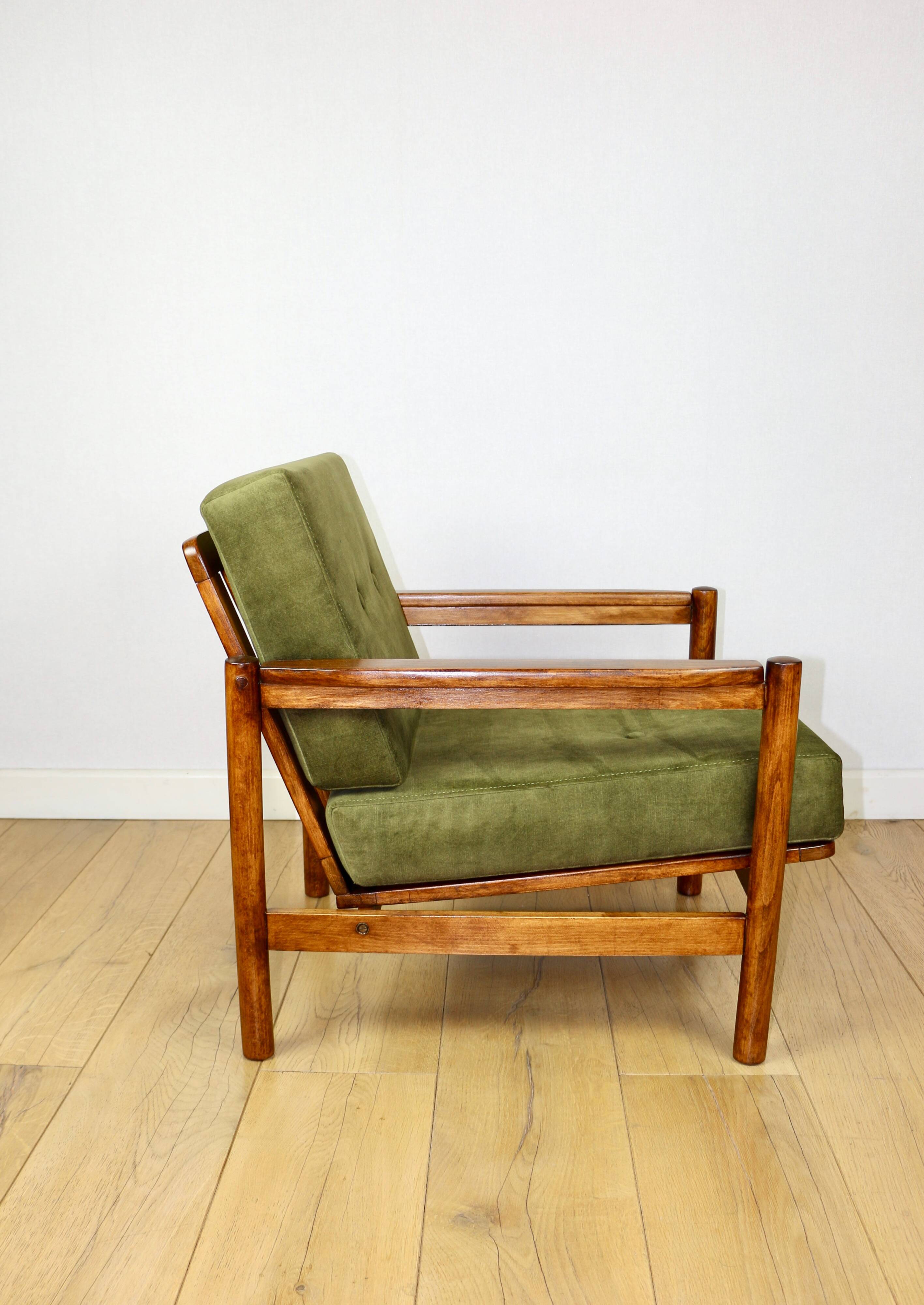 Wooden armchair designed by Z. Baczyk, vintage, olive green velvet