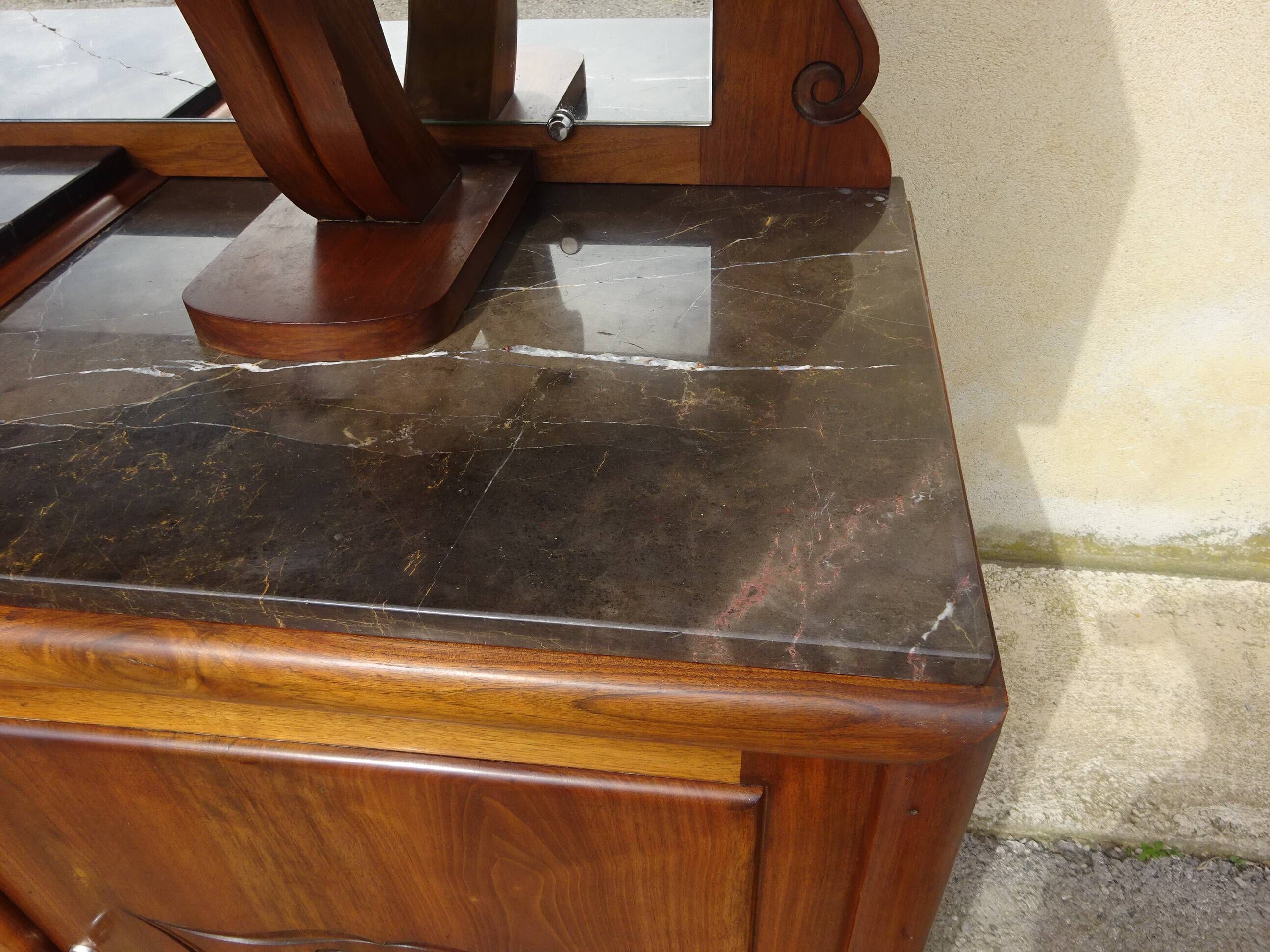 Large buffet with 2 bodies in walnut and marble