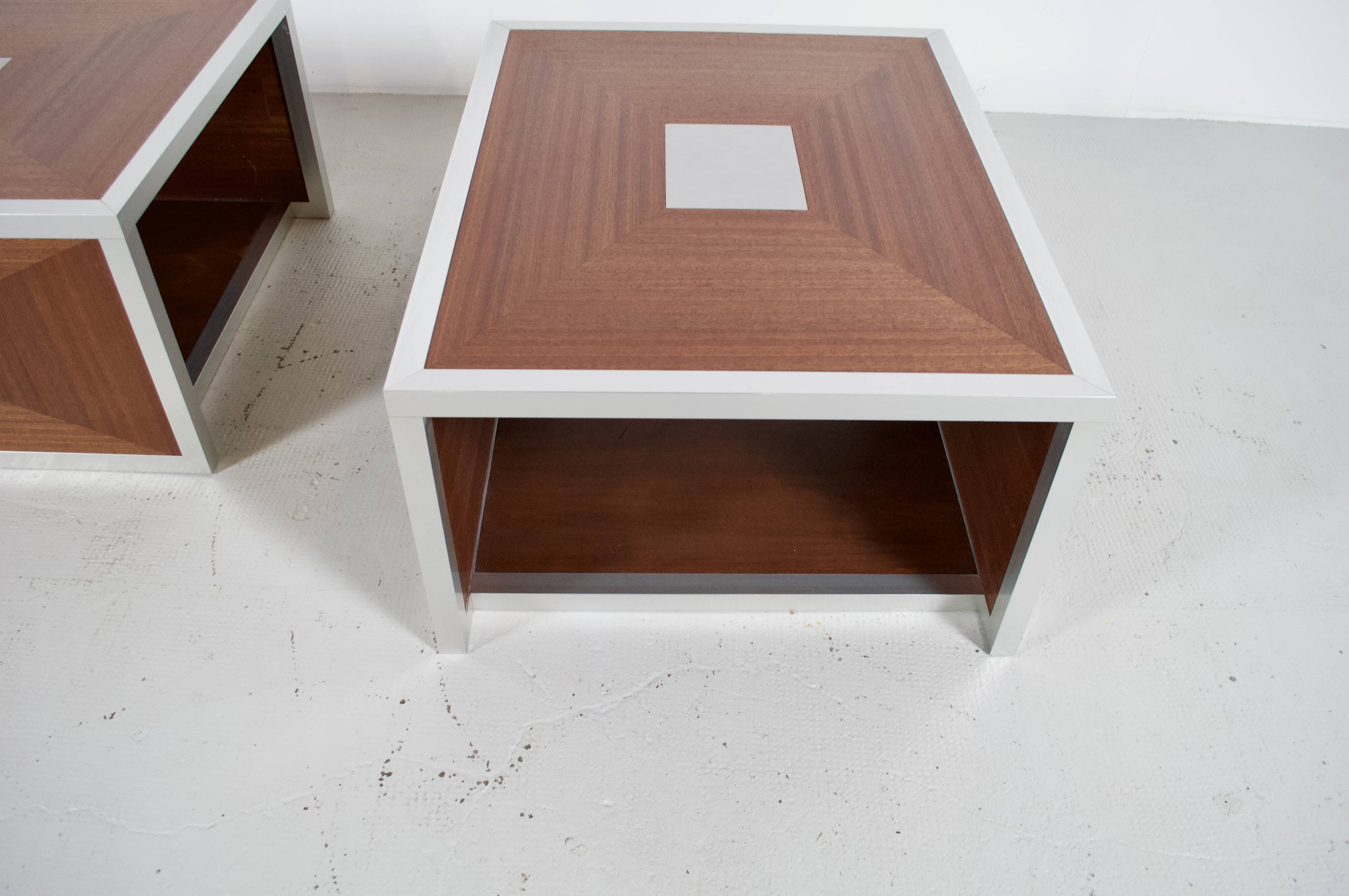 Pair of 70's aluminum and mahogany coffee/sofa end tables