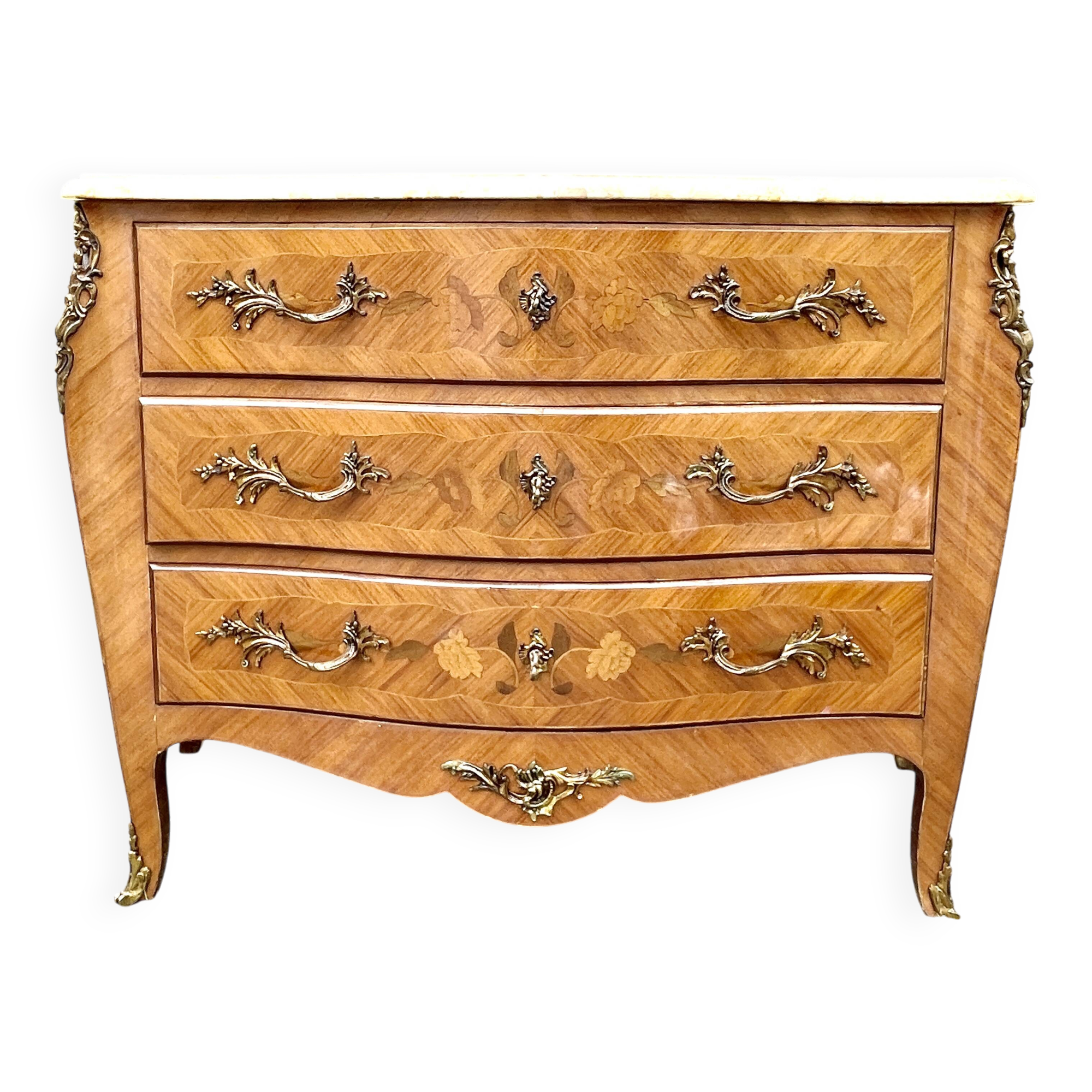 Louis XV style commode in marquetry, 20th century.