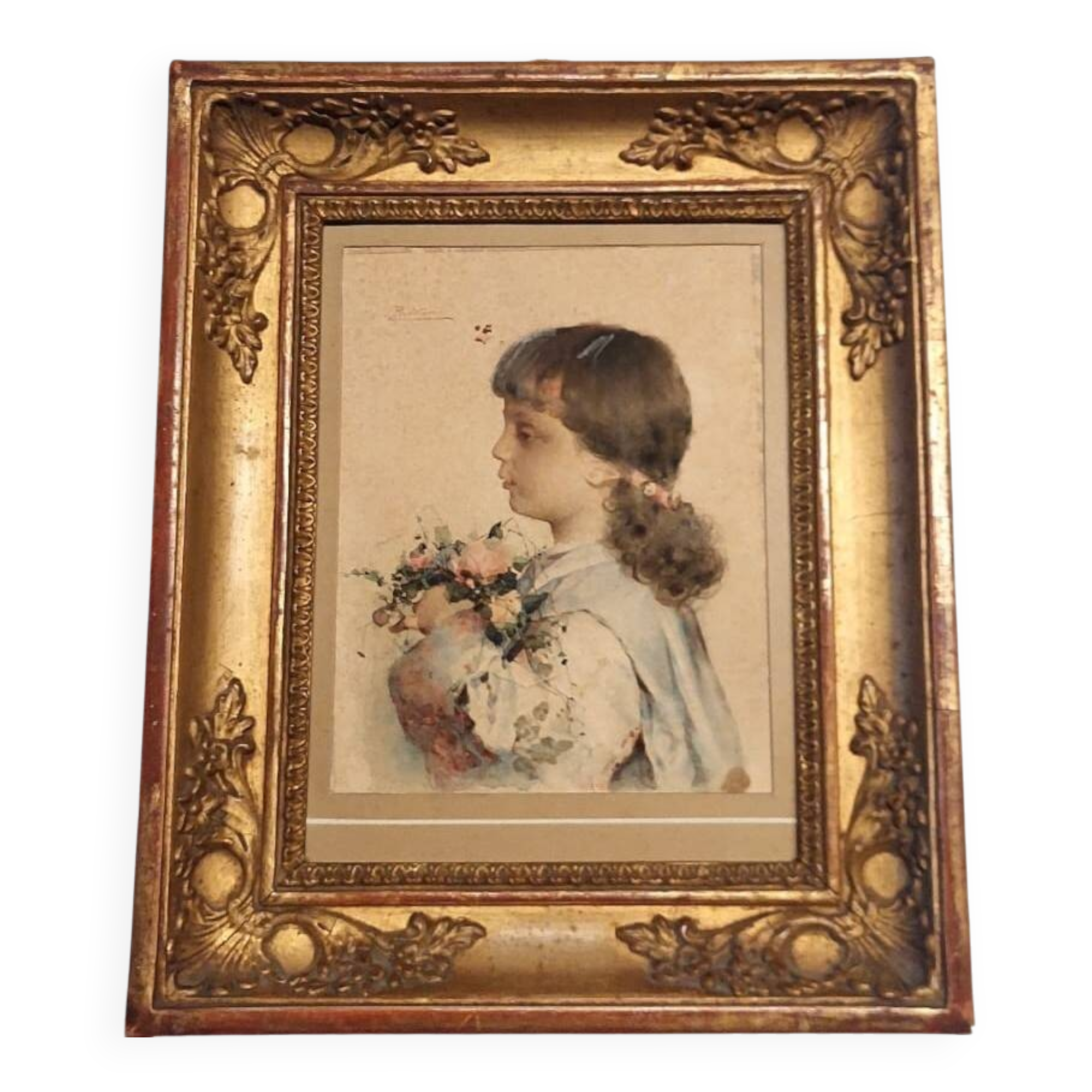 Watercolor on paper, portrait of a young girl, signed Alessandro Rontini, Florence (1854-1933)