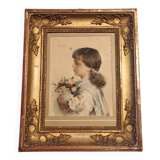 Watercolor on paper, portrait of a young girl, signed Alessandro Rontini, Florence (1854-1933)
