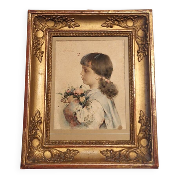 Watercolor on paper, portrait of a young girl, signed Alessandro Rontini, Florence (1854-1933)