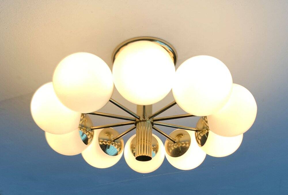 German brass ceiling lamp in mid-century modern space style by Kaiser Leuchten, 1960s.