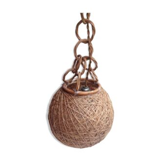 Suspension vintage boule corde et rotin