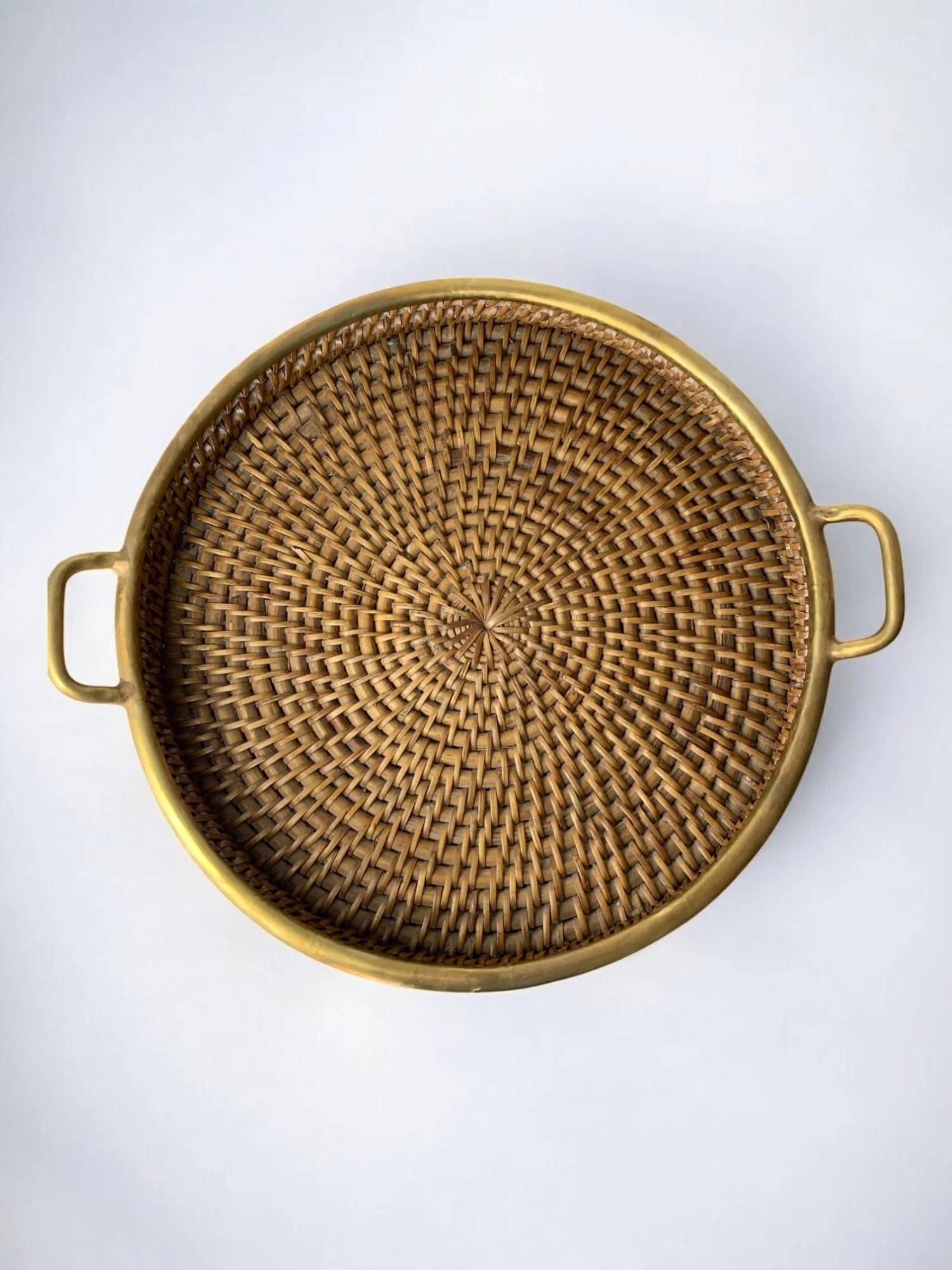 Circular rattan and brass tray, Italy, 1970s, 38 cm diameter