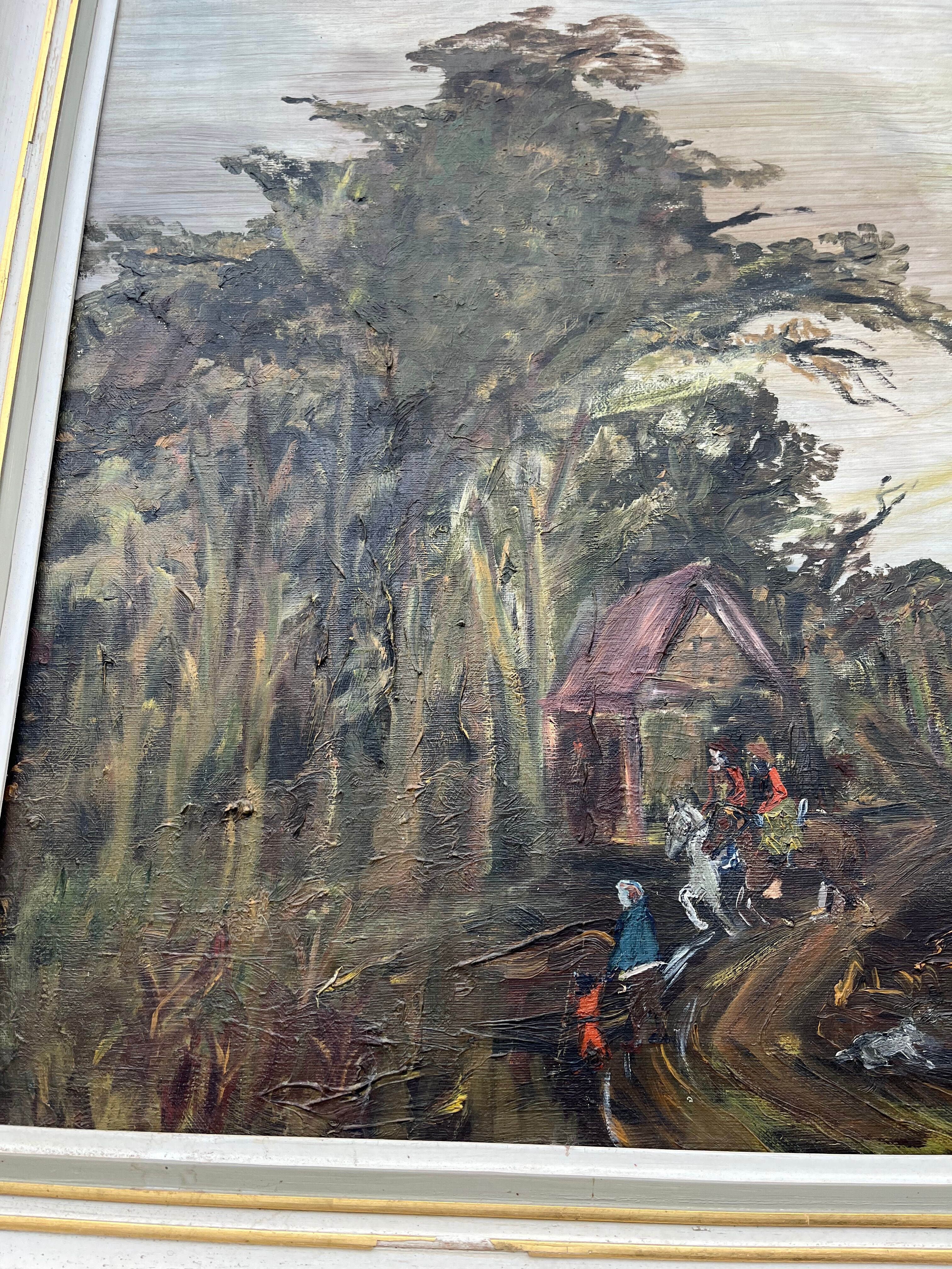 Painting, oil on canvas signed, forest landscape with horsemen