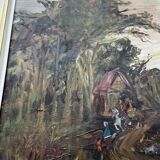 Painting, oil on canvas signed, forest landscape with horsemen