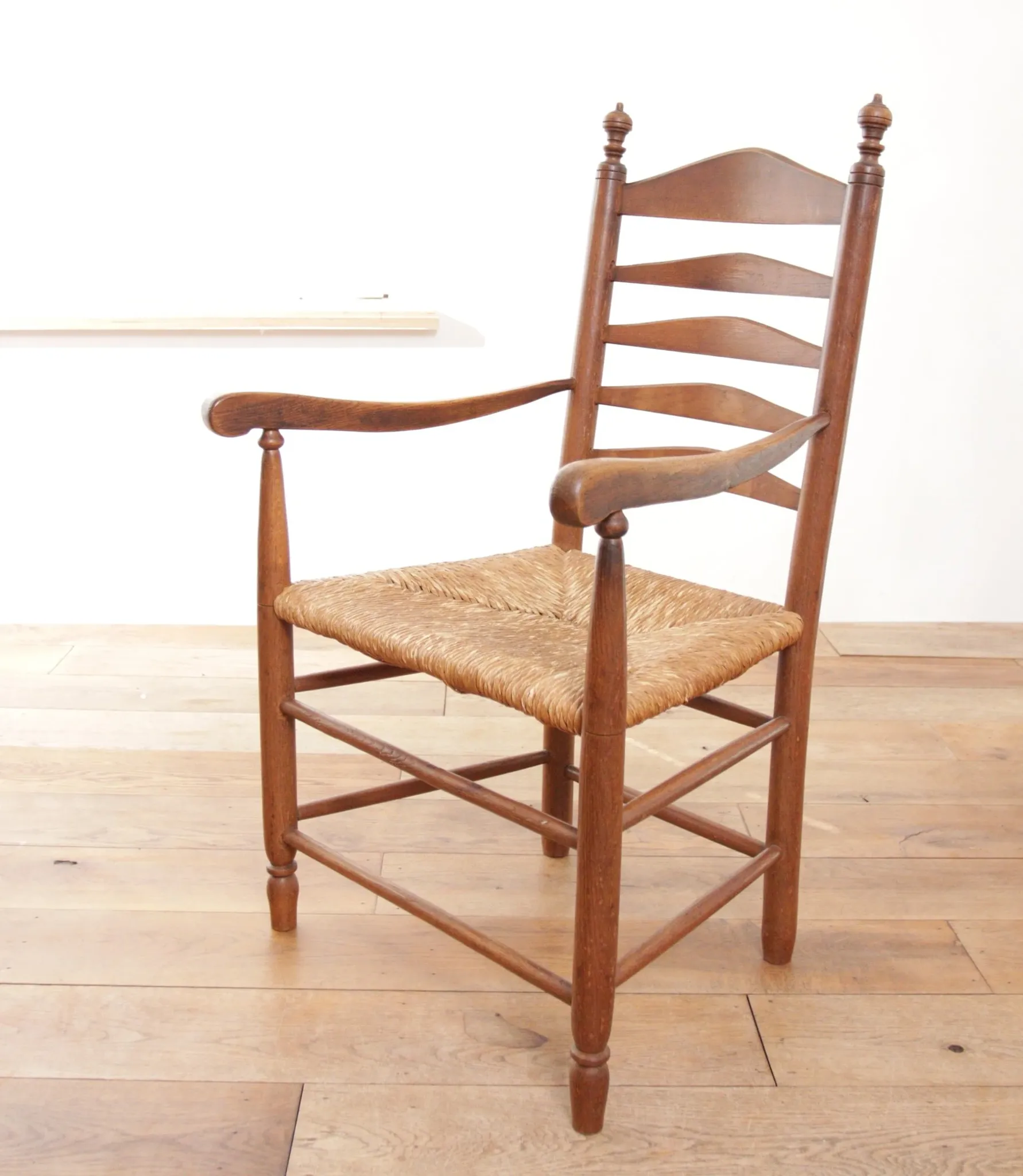 Dutch oak ladderback armchair with rush seat – 1950s