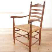 Dutch oak ladderback armchair with rush seat – 1950s