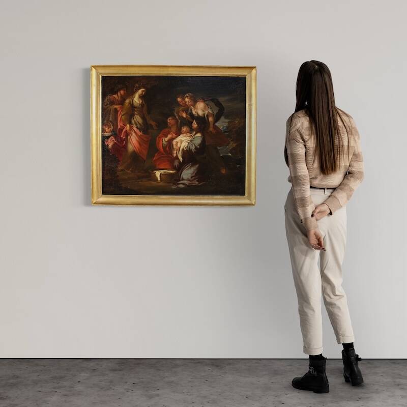 Antique Italian painting Moses saved from the waters from the 17th century