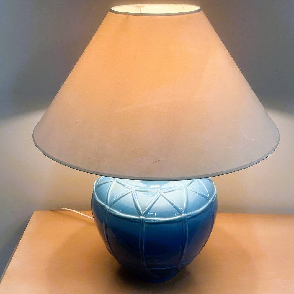 Louis Drimmer French ceramic lamp – blue glazed base, 1980s, France