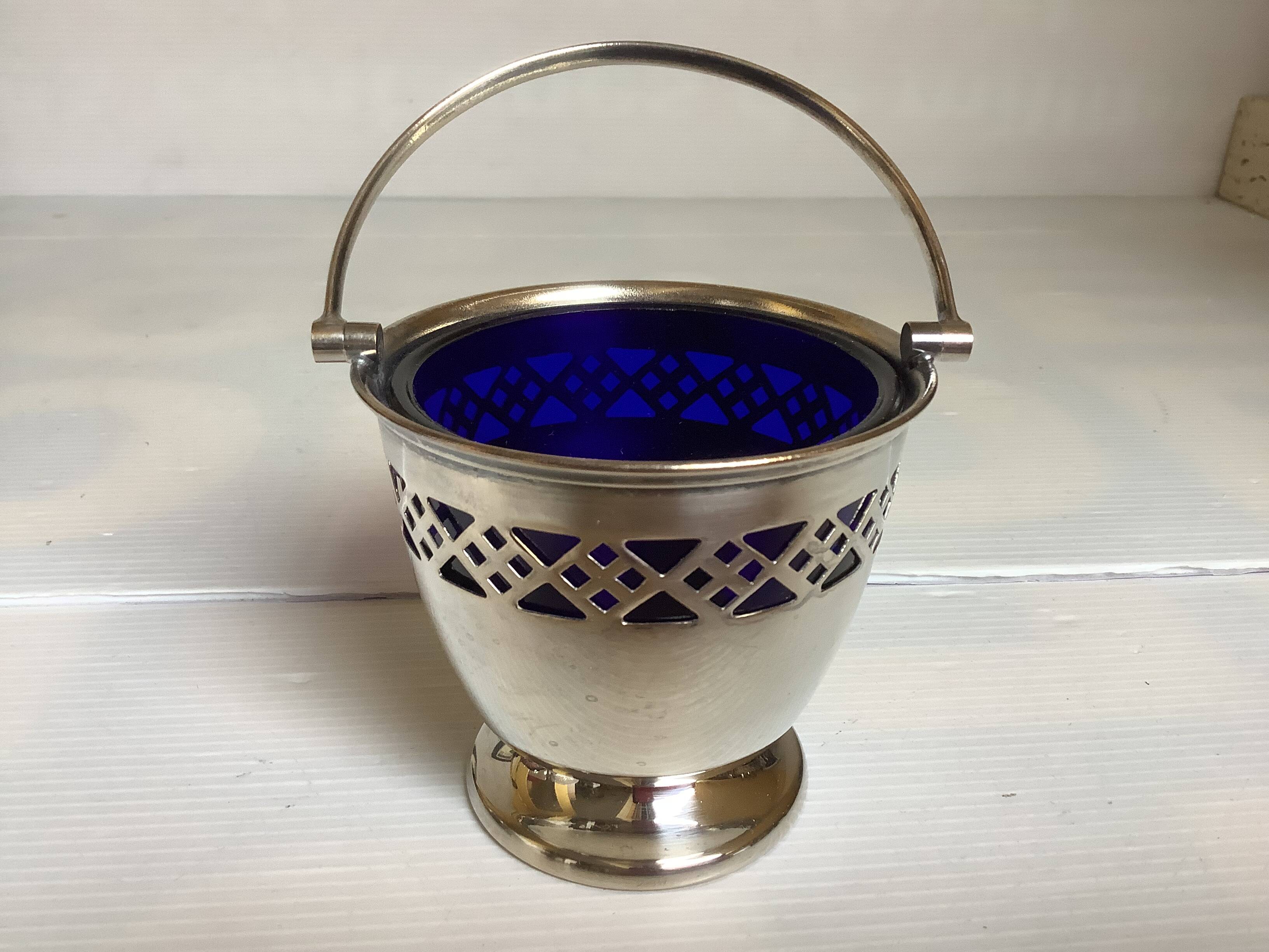 Blue and silver metal sweet jar.