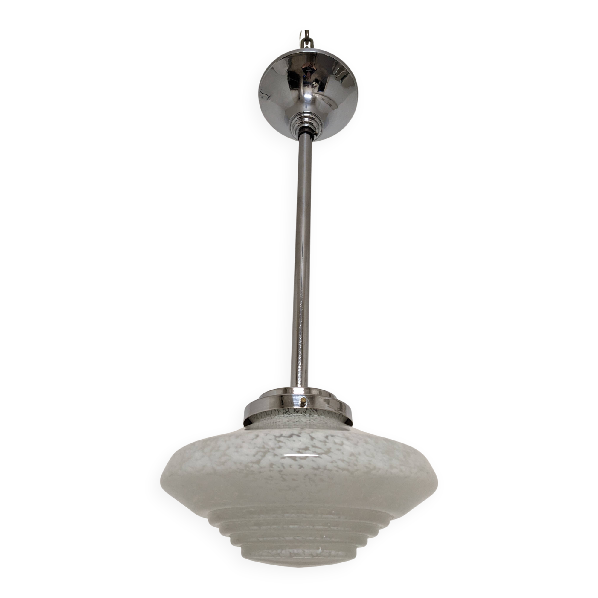 Art Deco glass suspension from Clichy, speckled white, France circa 1920.