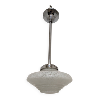 Art Deco glass suspension from Clichy, speckled white, France circa 1920.