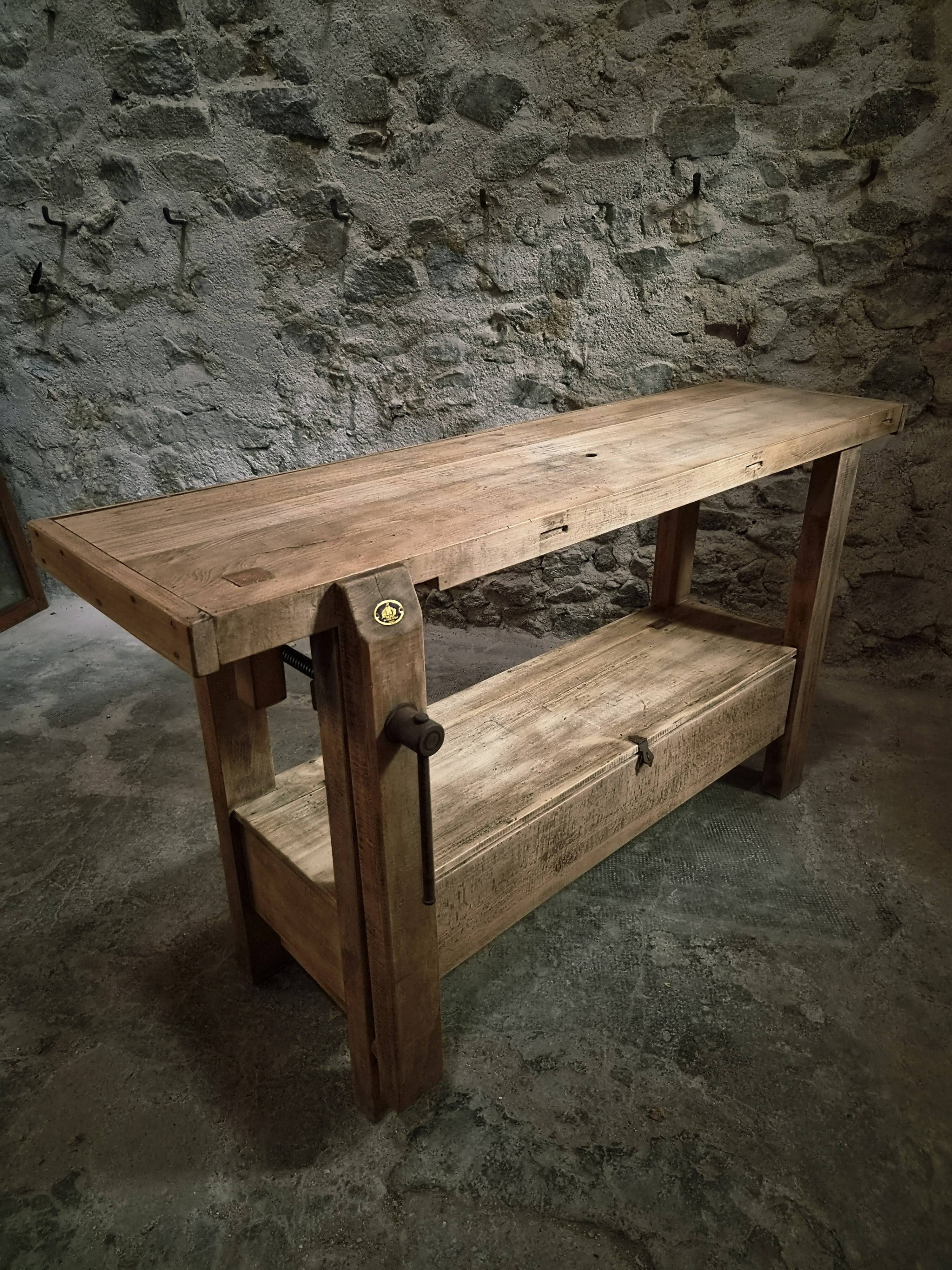 Vintage French beech side table, console, washbasin unit, industrial side table, circa 1950–1970.