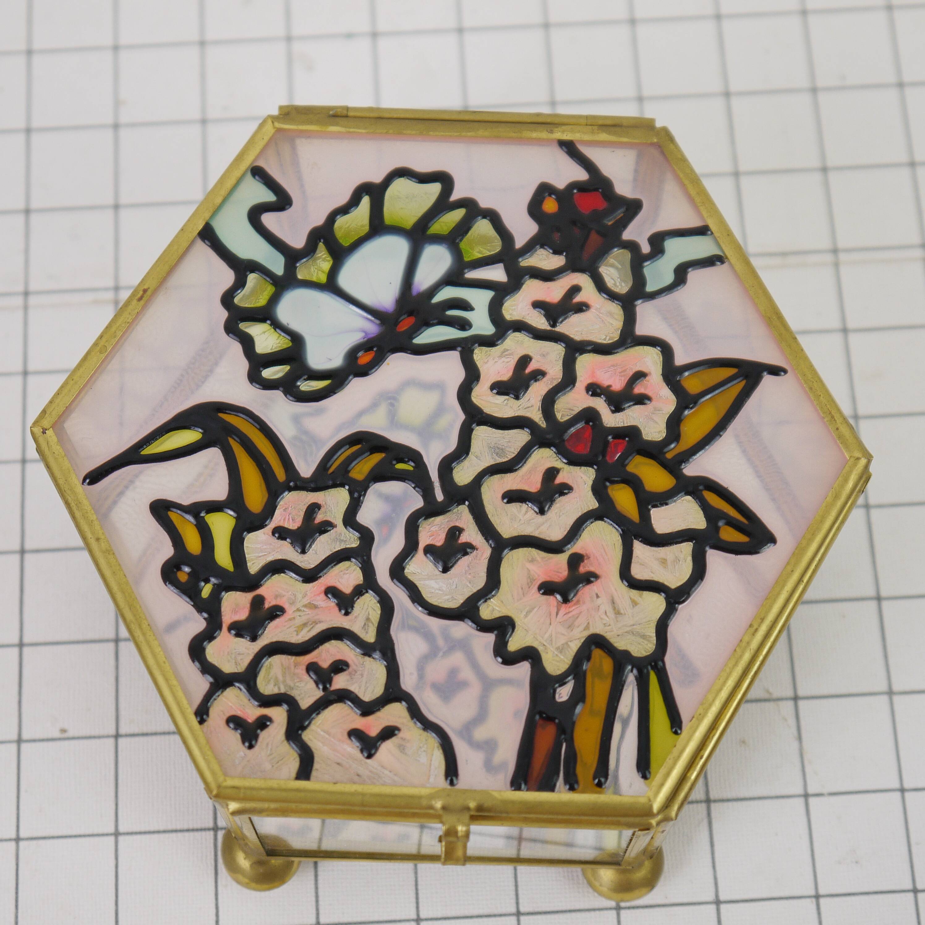 Brass box, glass and stained glass