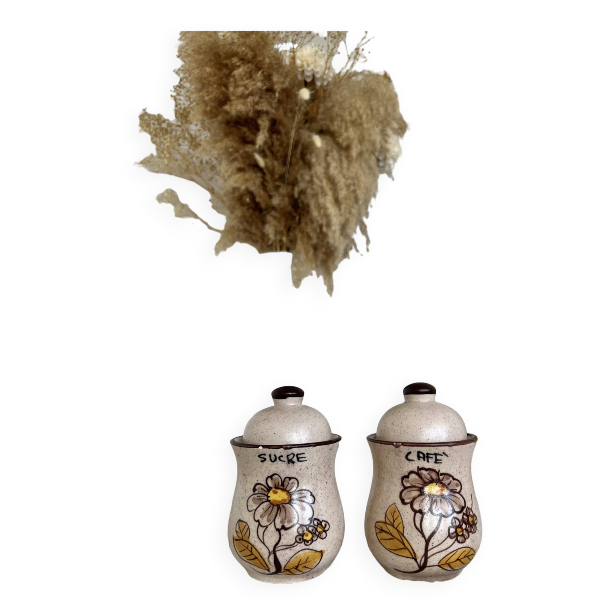 Set of 2 vintage ceramic sugar and coffee condiment pots with stoneware effect