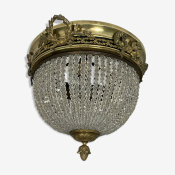 Ceiling light basket old 19th brass and faceted glass beads