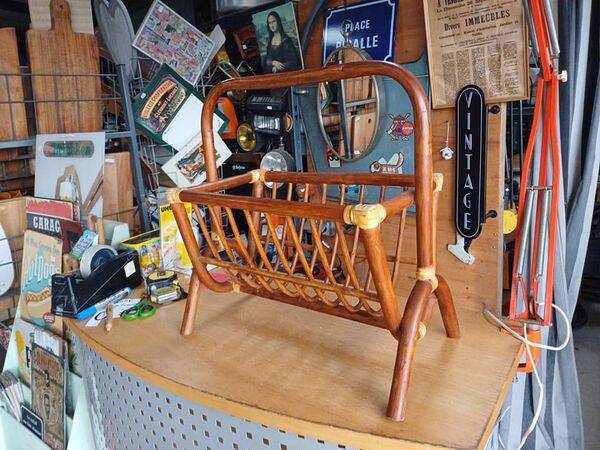 Vintage rattan magazine rack, approx. 1960