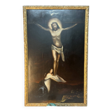 Beautiful religious work from the 17th century, oil on panel representing Christ on his cross with Mary Magdalene at his feet