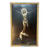 Beautiful religious work from the 17th century, oil on panel representing Christ on his cross with Mary Magdalene at his feet