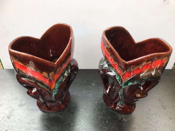 Paire de vase ancien Vallauris céramique multicolore + 2 anses vintage