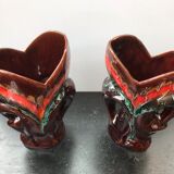 Pair of old Vallauris multi-colored ceramic vase + 2 vintage handles