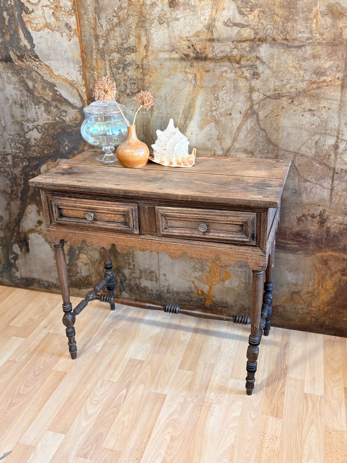 Raw wood console with drawers