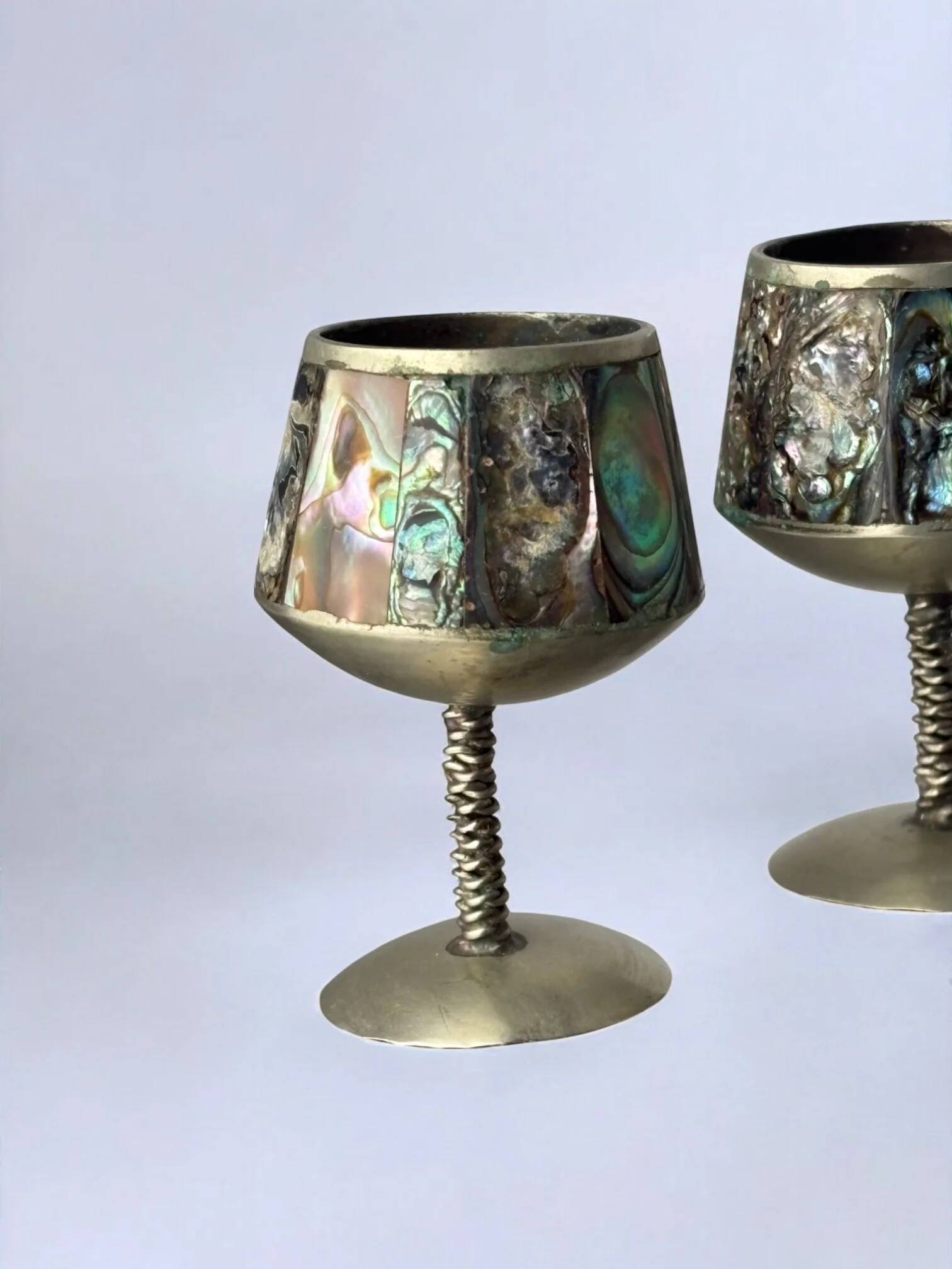 Abalone shell & alpaca shot glasses, set of 6, Mexico, 1970