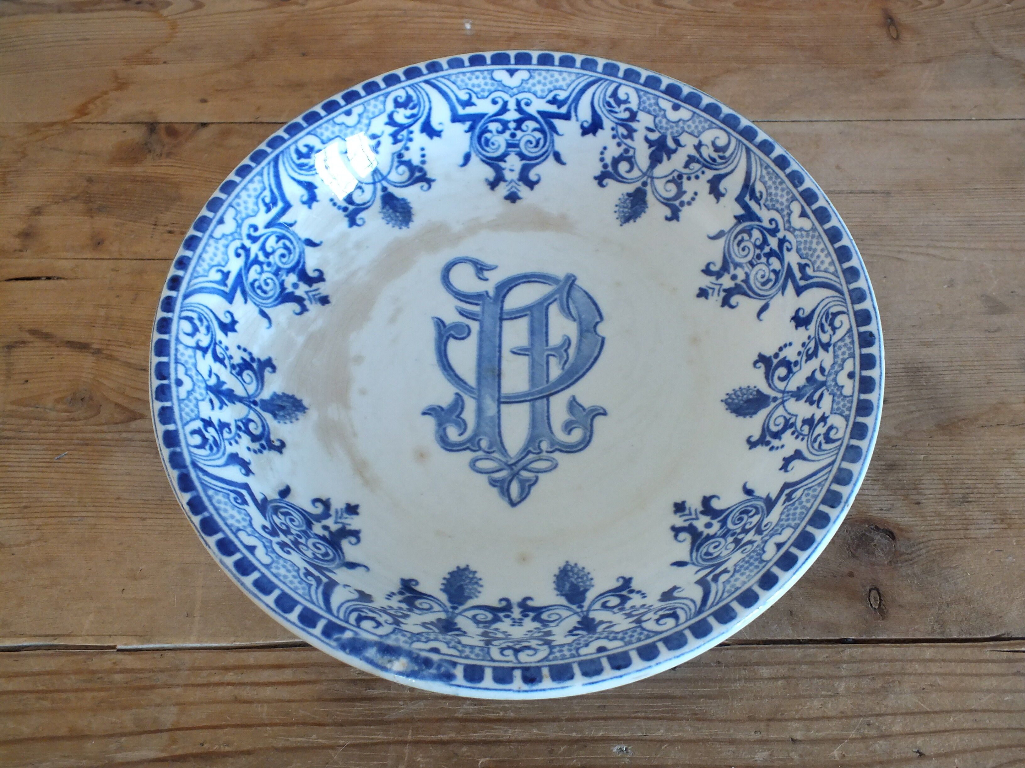 Old hollow cup on pedestal Gien decoration Rouen monogrammed